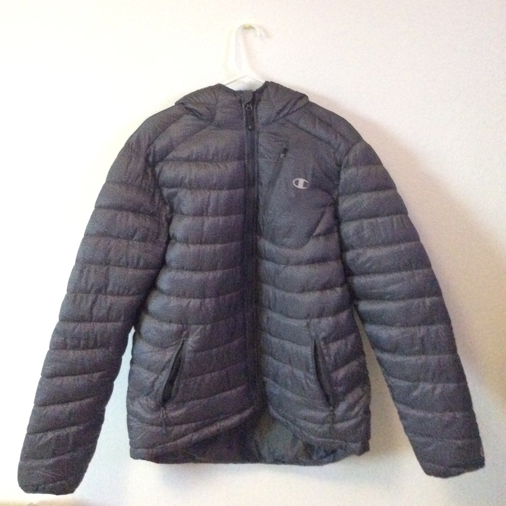 Champion Grey puffer coat with hood, size L